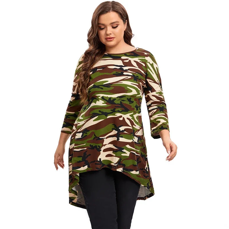 qgtao Plus Size Long Sleeve Camouflage Tunic Tops Long Loose Elegant Autumn Hi Low Swing Blouse T-shirt Plus Size Clothing Women 6XL