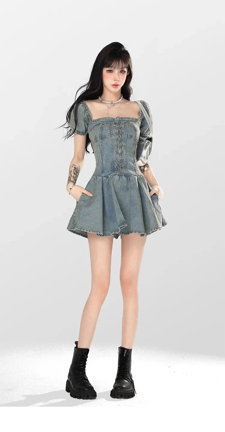 qgtao 2024 Summer Fashion Sexy Denim Bandage Pleated Mini Dress Women Party Dresses Vestidos Fiesta Mujer