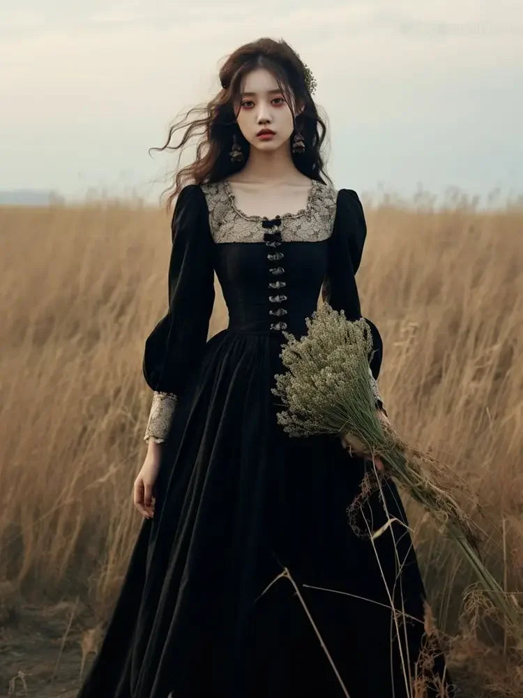 qgtao French Hepburn Style Black Vintage Dress Autumn 2024 New Elegant Patchwork Square Collar Long Sleeve A-line Maxi Dress for Women