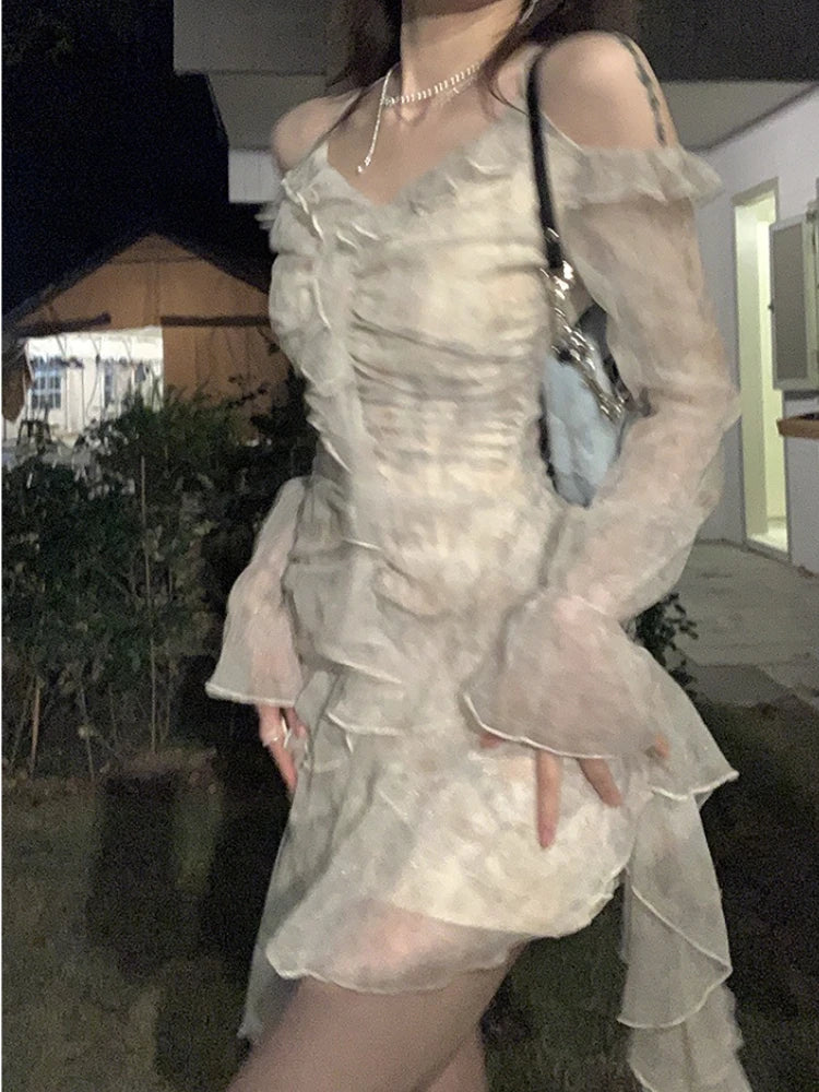 qgtao 2024 Summer Long Sleeve Floral Fairy Dress Woman Beach Elegant Party Mini Dresses Casual Vintage One Piece Dress Korean Fashion