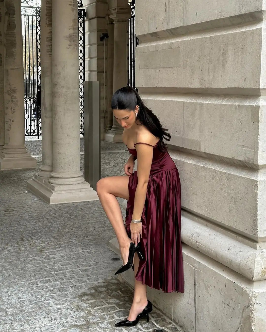 qgtao  -  Women Pleated Backless Loose Sling Elegant Party Club Evening Dress Sexy Off Shoulder Vestidos Lady Streetwear 2024 Maxi Dresses