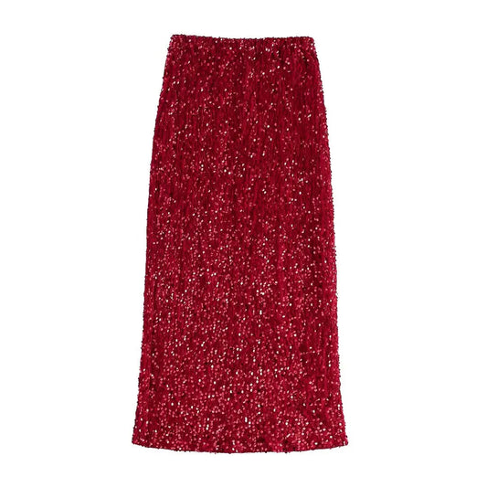 TRAF 2024 Female Elegant Sequin Skirts Solid Sequin Decoration A-Line High Waist Skirts Women's Spring Vintage Chic Long Skirts