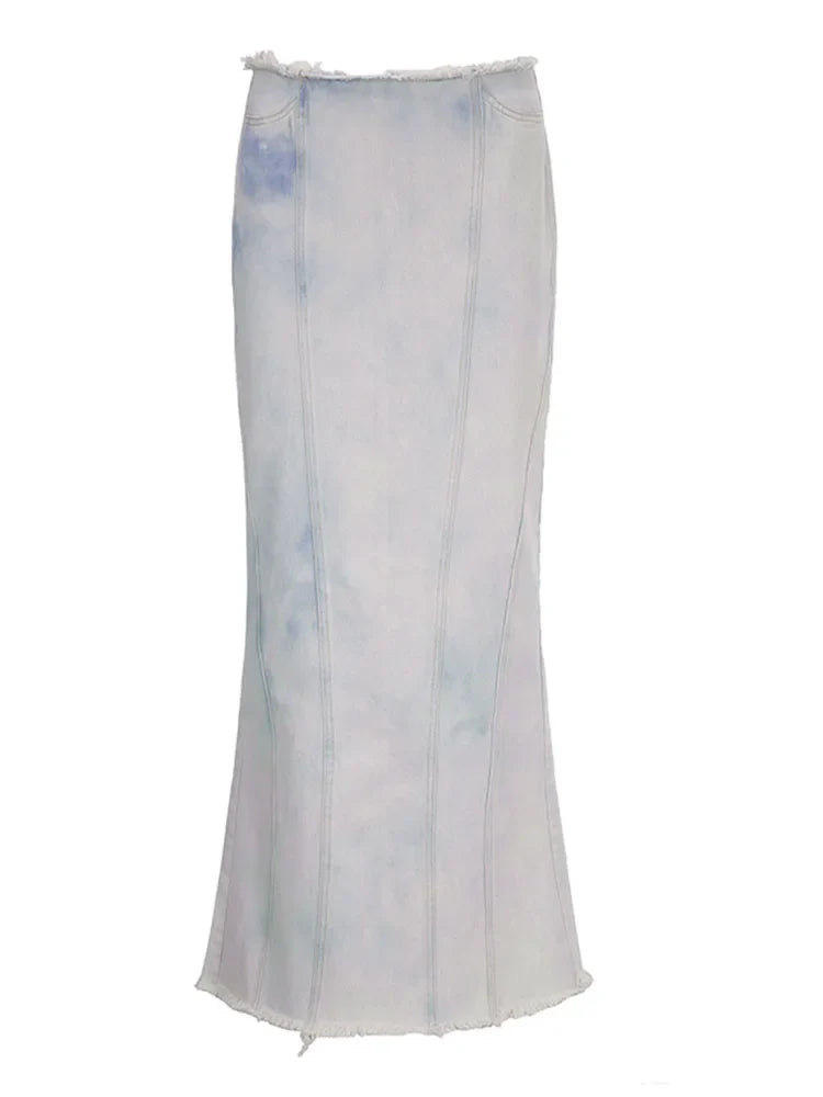 Woman Denim Maxi Slim A-line Low Waist Skirt Tie-dyed Pleated Wash Skirt Tassels Slit Basic Vintage Fashion Chic Office Lady Y2k