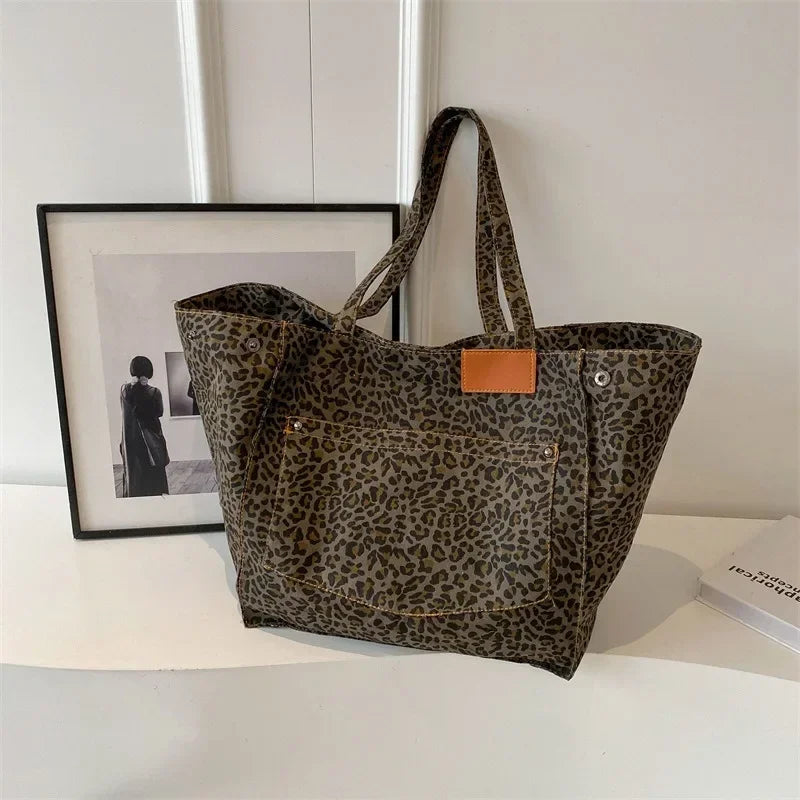 qgtao Oversized Leopard Prints Shoulder Bags for Women Deformable Canvas Large Capacity Shopping Totes 2024 Winter New Luxury Handbags