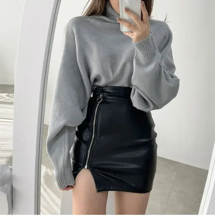 qgtao Black Mini Sexy Skirt Sexy High Waist Package Hip Pencil Skirt Women Korean Fashion Pu Faux Leather Split Zipper Short Skirts