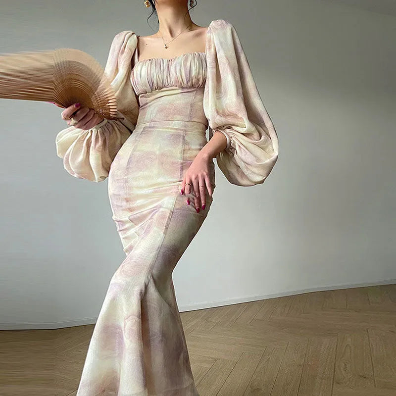 qgtao 2 Piece Set For Women Dress Sets Spring 2023 New French Elegant Square Collar Floral Lantern Sleeve Top Prom Fishtail Skirt Suit