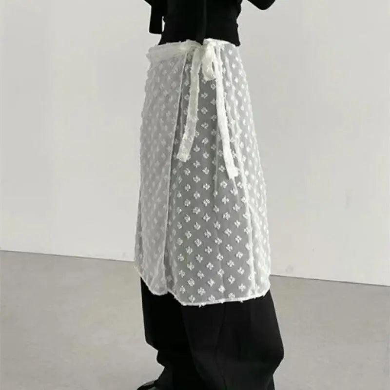 Tonngirls Korean Style See Through Skirt Women Lace Up Thin Lace Collocation Vintage Floral Ladies Skirts Y2k Streetwear 2000s