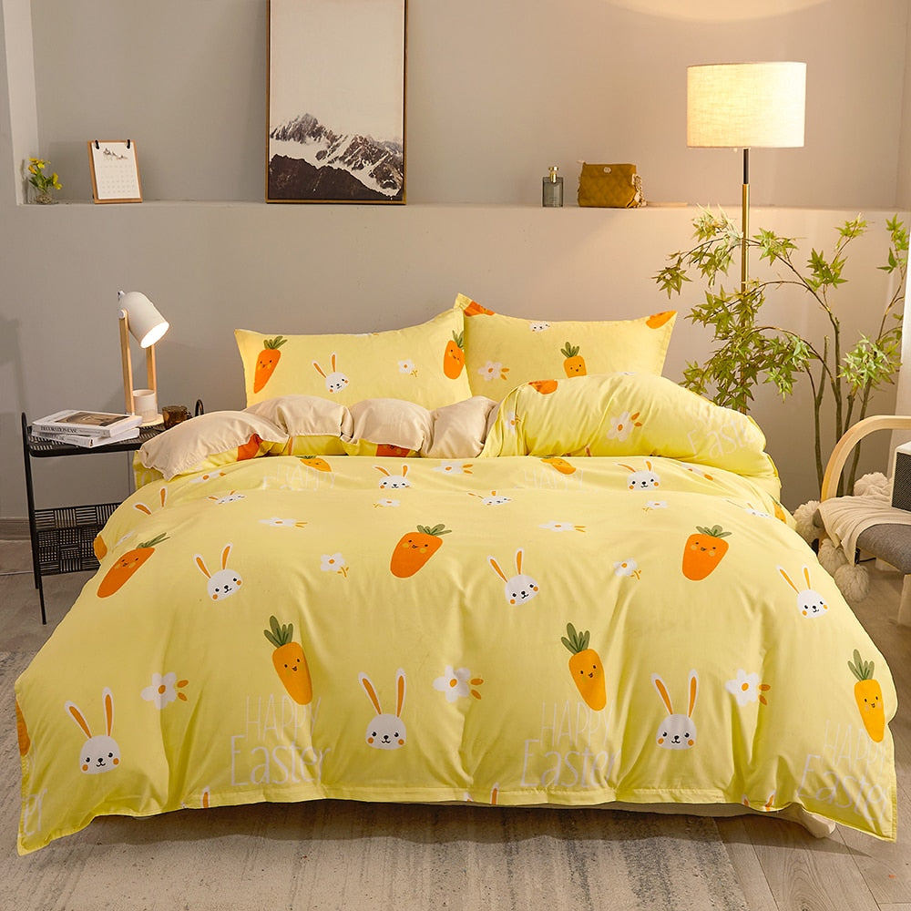 Yeknu Cartoon Pattern 4-Piece Flat Sheet Quilt Cover Pillow Case Family Bed Sheet Children's Bedding Set 4-Piece Set
