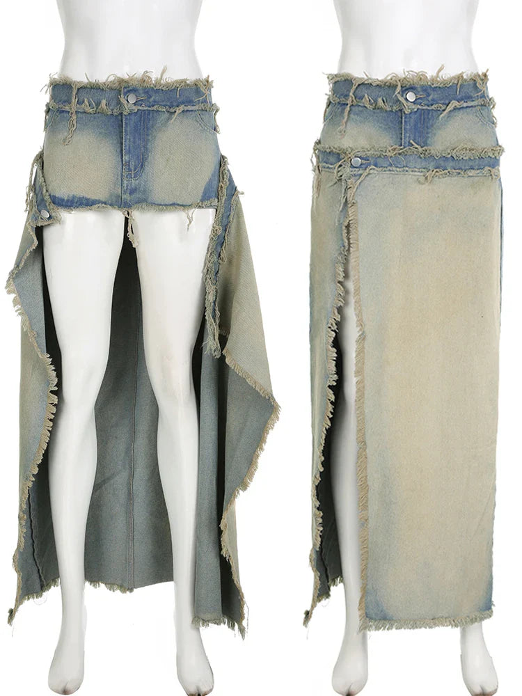 qgtao Vintage Casual Slim Split Denim Skirt Sexy Low-Waisted Maxi Skirts Women 2024 Autumn Spring Streetwear Holiday Ladies