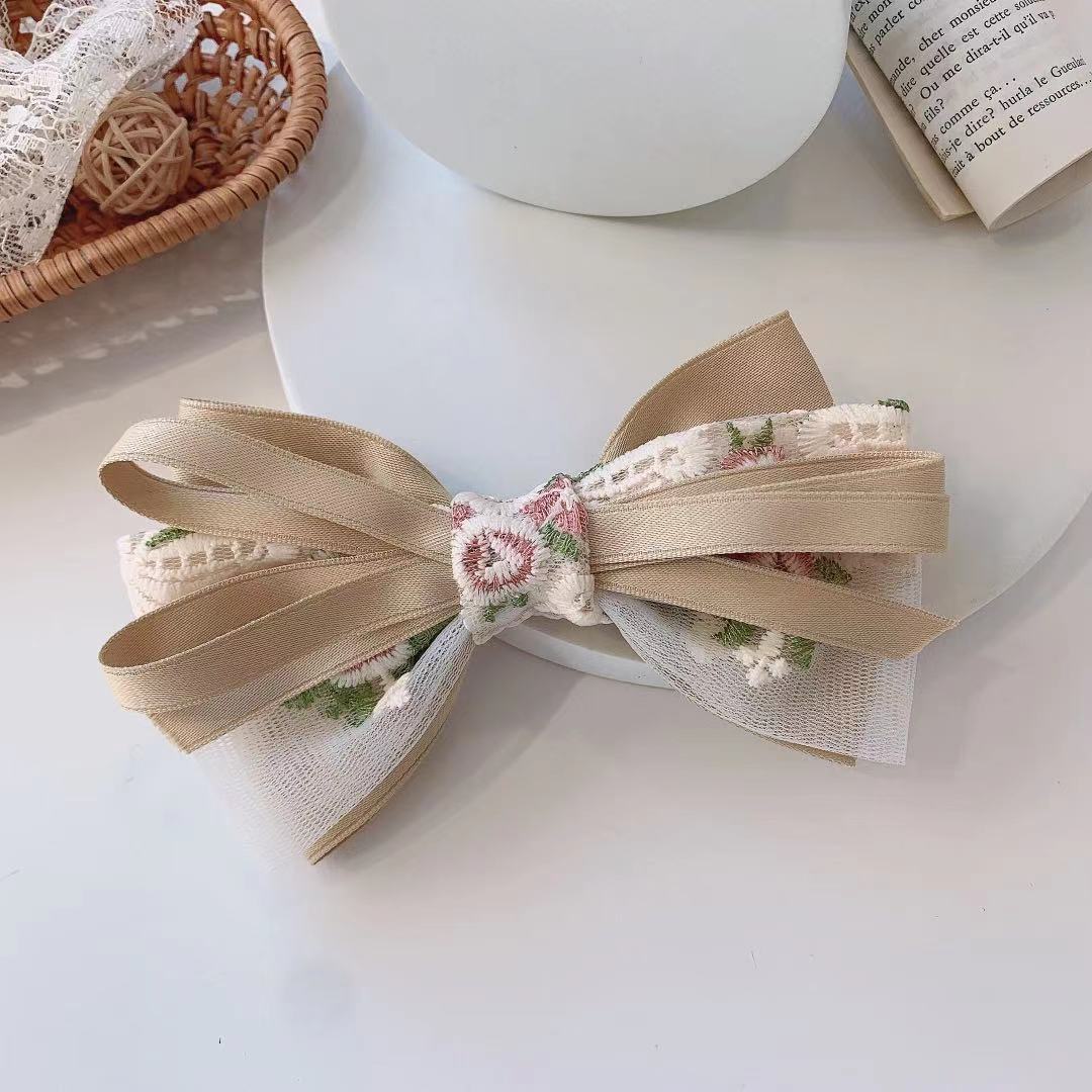 Korean Ribbon Bow Spring Barrette Hair Clips Embroidery Flower Hairpins Fabric Hair Bows Hoop Daily Casual Hair Accessories Gift