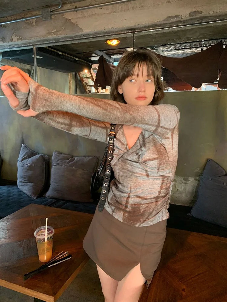 HOUZHOU Vintage Y2k T-shirts Women Grunge Aesthetics Tie Dye Long Sleeve Tees Hippie Korean 2000s Streetwear Harajuku Female