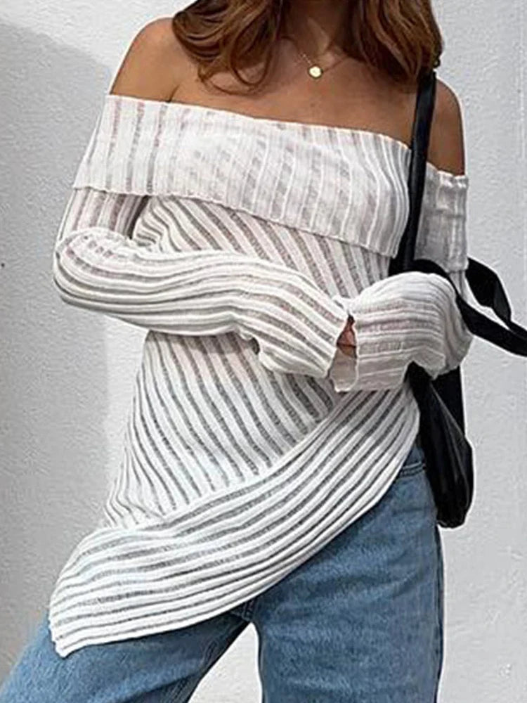 qgtao Off Shoulder T-Shirt Women Summer Long Sleeve Tops Female Elegant Hollow Out Knitted Tee Ladies White Sexy Slash Neck