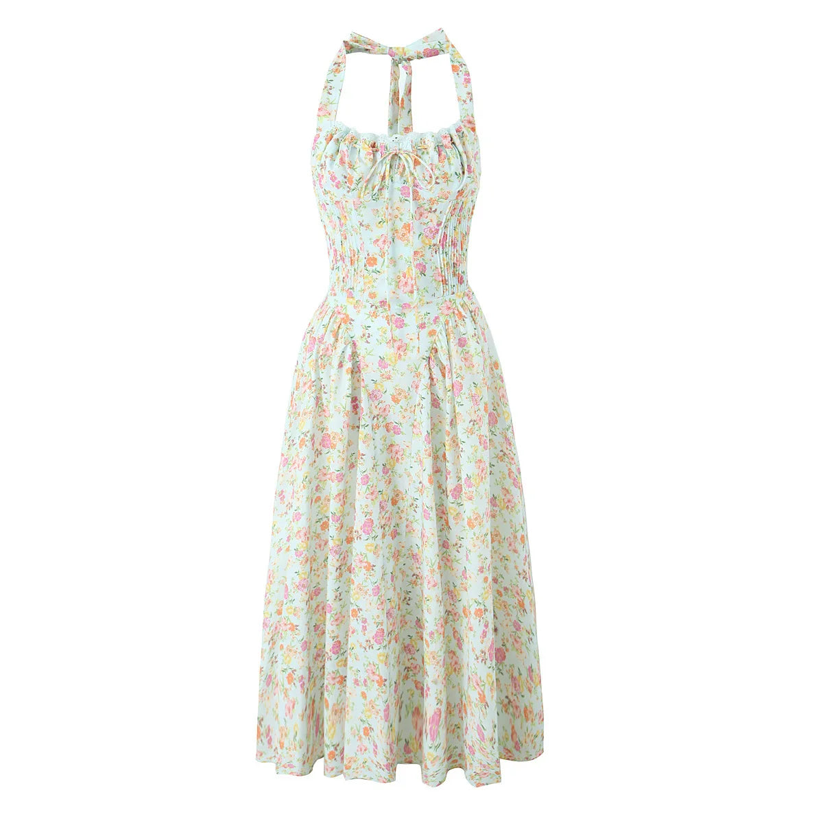 qgtao Lace Trim Floral Print Halter Dress For Women Sexy Backless Low Waist Midi Summer Dresses Holiday Party Robe