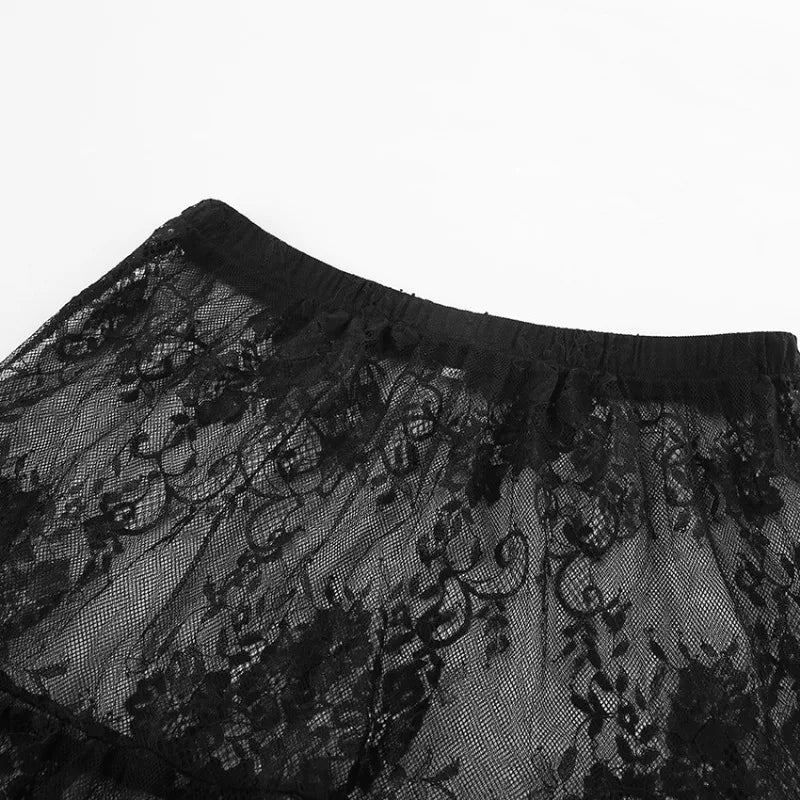 HOUZHOU Black Long Lace Skirt Women Summer Sexy High Waist A-line Casual Transparent Midi Skirt Party Evening Dress Female