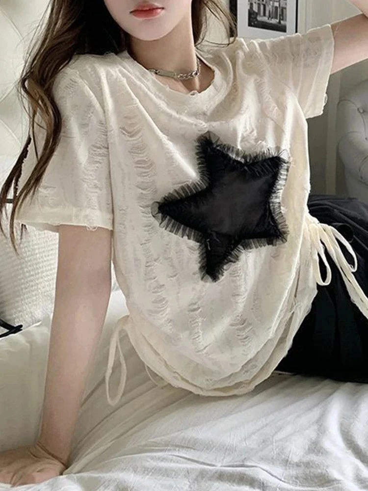 qgtao Y2K T Shirts Women Summer Short Sleeve Top Female Harajuku Fashion Star Print Tee Ladies Vintage Hotsweet Drawstring Camisetas