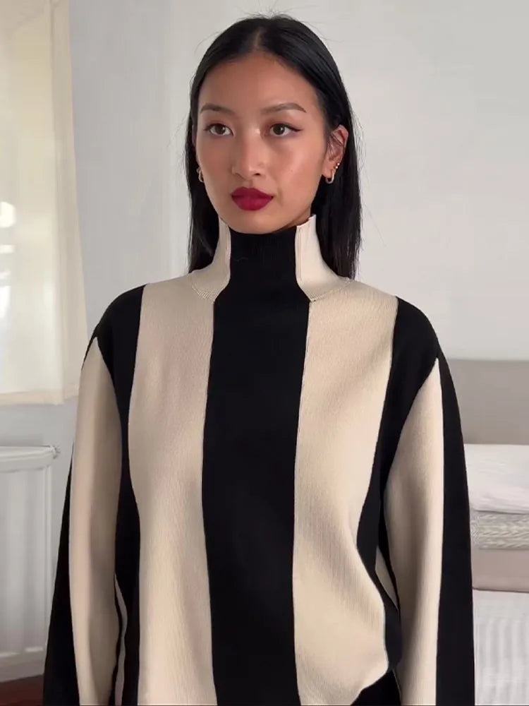 Vertical Stripe Mock Turtleneck Sweater For Women Autumn O-neck Long Sleeve Knitter Pullover Vintage Fashion Commute Jumpers