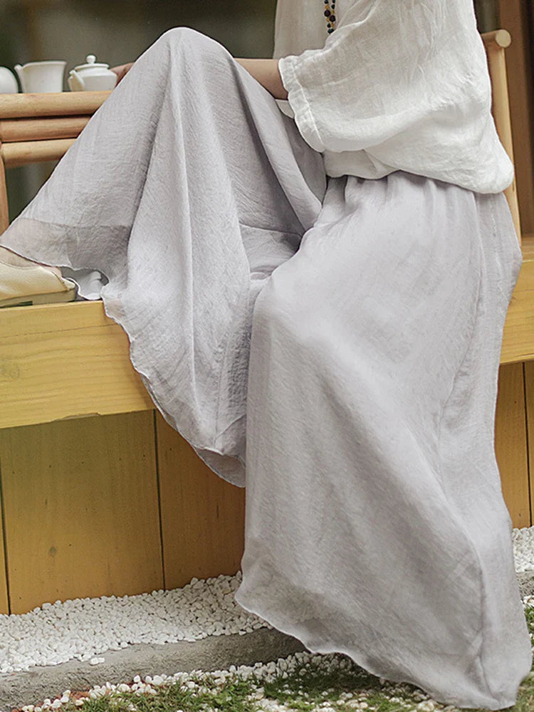 qgtao Women Elegant Solid Cotton Pants Korean Summer Retro High Waist Two Layer Wide Leg Pant Long Boho Trousers Female