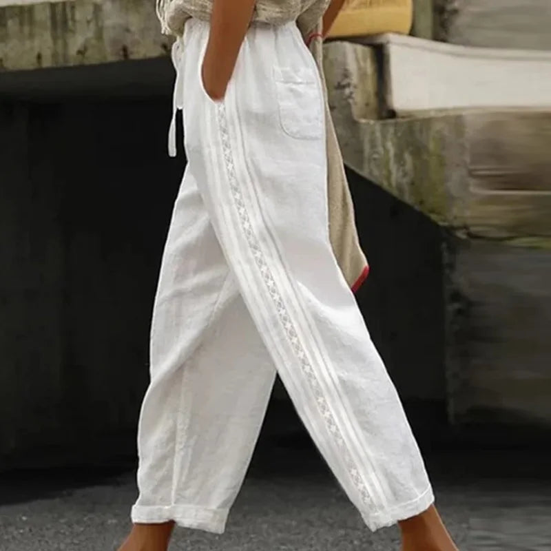 Women Fashion Embroidered Lace Straight Trousers Casual Drawstring Elastic Waist Pockets Pants Ladies Vintage Loose Long Pants