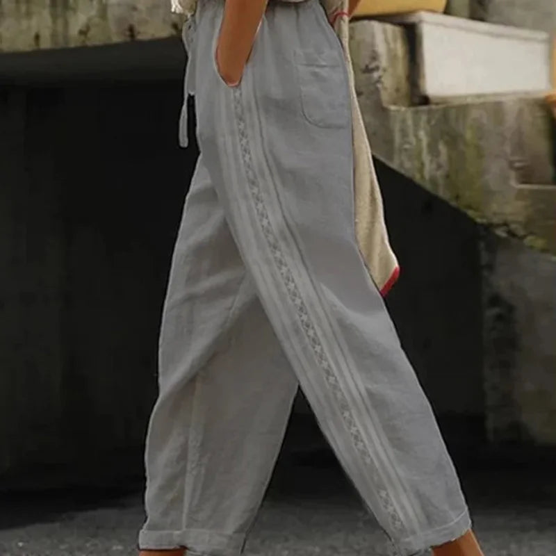 Women Fashion Embroidered Lace Straight Trousers Casual Drawstring Elastic Waist Pockets Pants Ladies Vintage Loose Long Pants