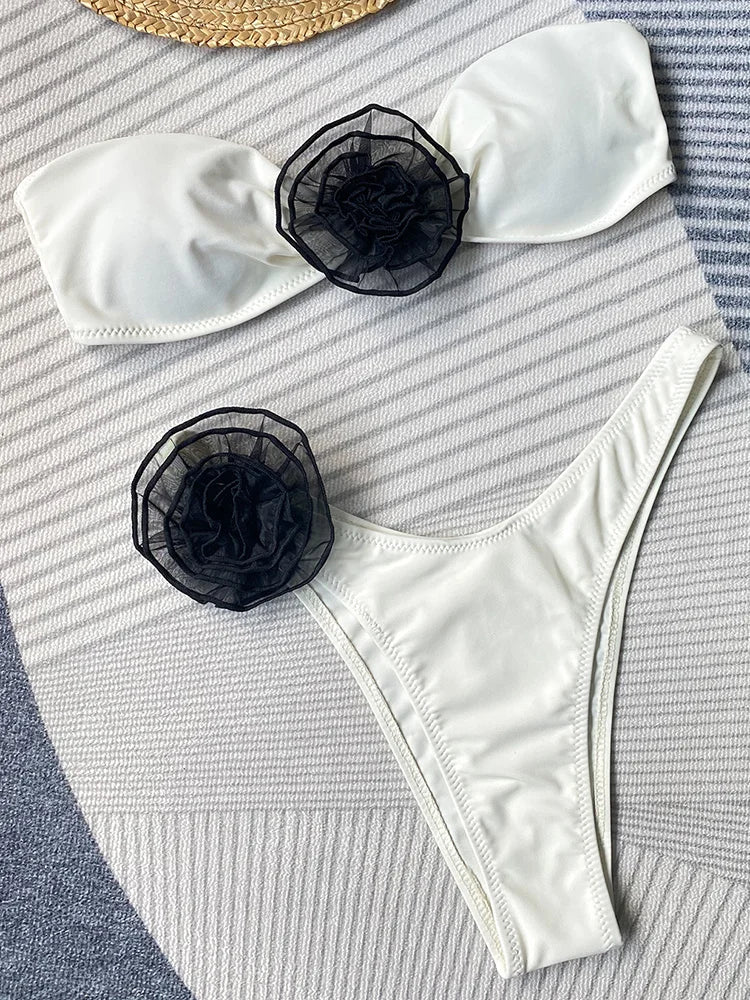 qgtao 3D Flowers Brazilian Strapless Bandeau Bikini Female Swimsuit Women Swimwear Two-pieces Bikini Set High Cut Bathing Suit Swim