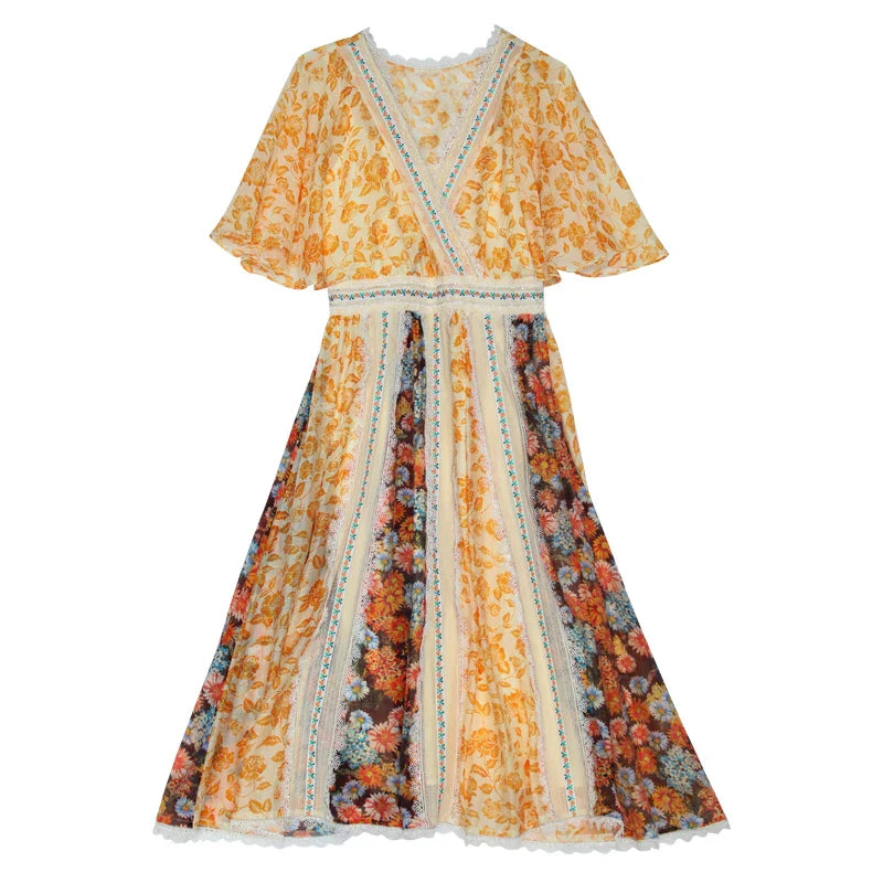 AIGYPTOS Spring Summer Women Dress Vintag Elegant Sexy Lace V-Neck Floral Dress Butterfly Sleeve Embroidered Ribbon Midi Dress
