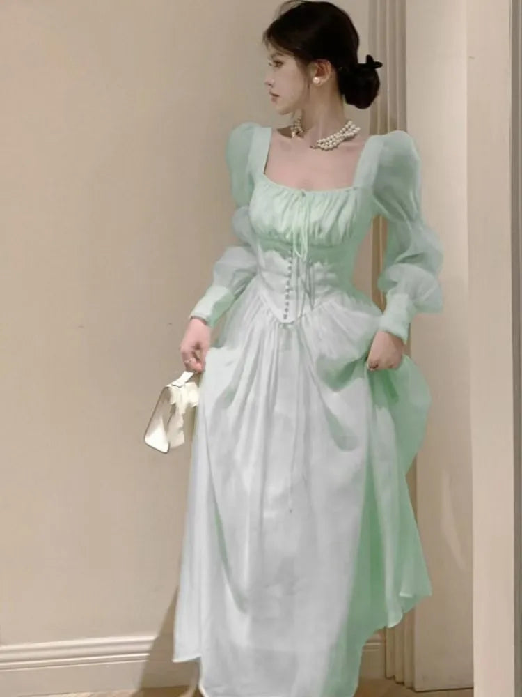 qgtao Autumn New Princess Midi Dresses for Women Square Collar Slim Waist Puff Sleeve Vintage Chic Female Clothing One Piece Vestido