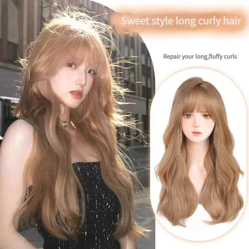 OKLULU - Long water Wave Wig Cold brown with Bangs Cosplay Silky Wig for Women Daily Party Natural Soft Synthetic Hair Heat Resistant 여장