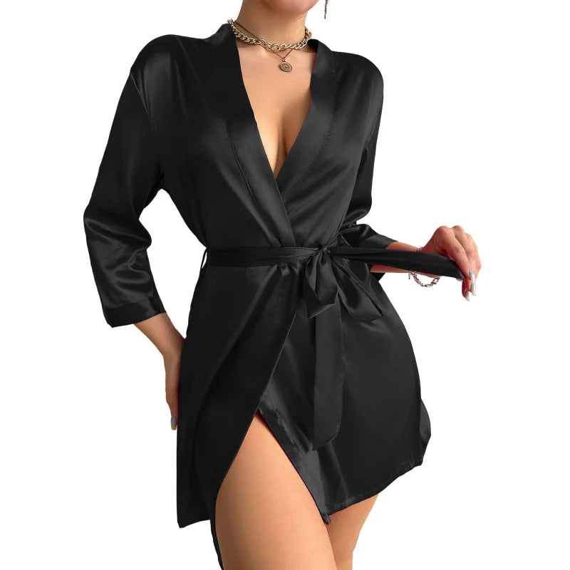 qgtao Womens V-Neck Sexy Silk Robe With Belt Short Satin Kimono Robe Sleepwear Bathrobe Bridesmaid Party Dressing Gown 2024 plus