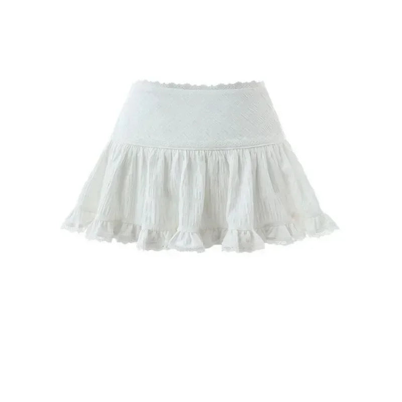 qgtao Coquette Mini Skirt Women 2023 Kawaii Lace Mesh Patchwork Sexy White High Waist A-line Lolita Ruffle Skirt Fairycore