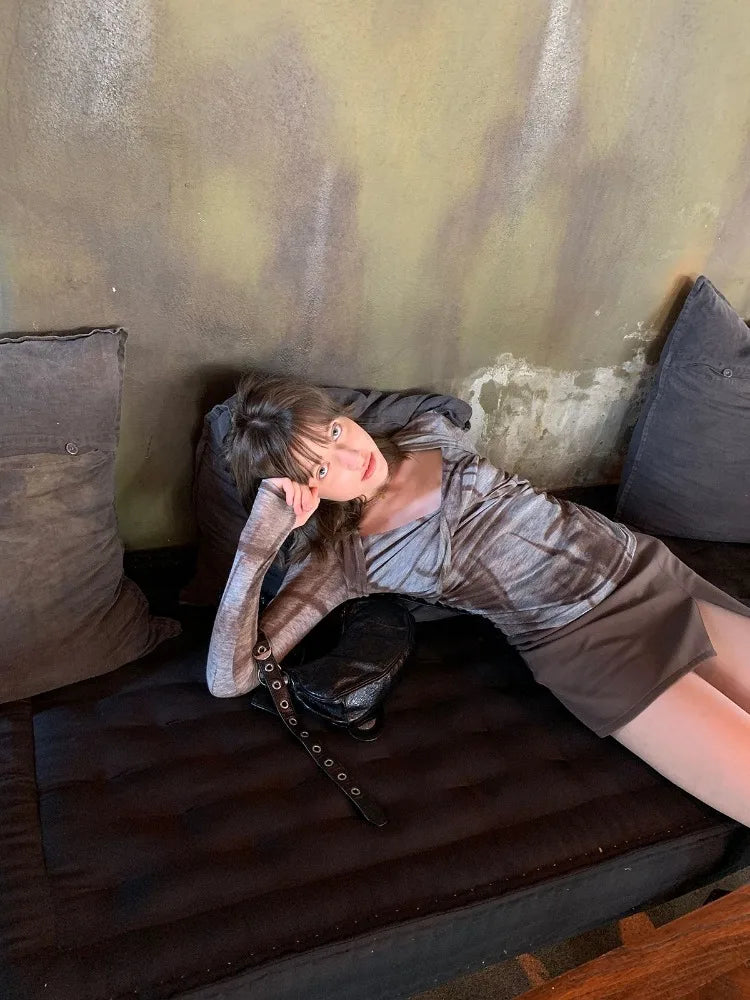 HOUZHOU Vintage Y2k T-shirts Women Grunge Aesthetics Tie Dye Long Sleeve Tees Hippie Korean 2000s Streetwear Harajuku Female