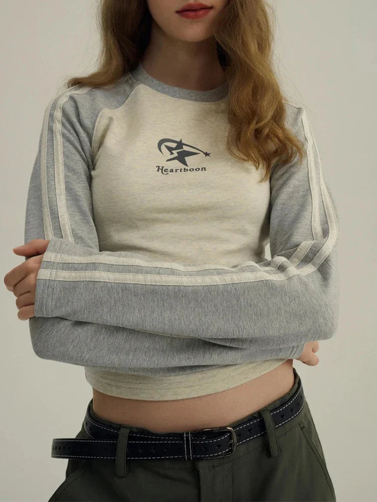 qgtao Y2K T Shirts Women Autumn Long Sleeve Top Female American Retro Star Print Crop Tee Lady Harajuku Stripe Patchwork Slim T Shirt