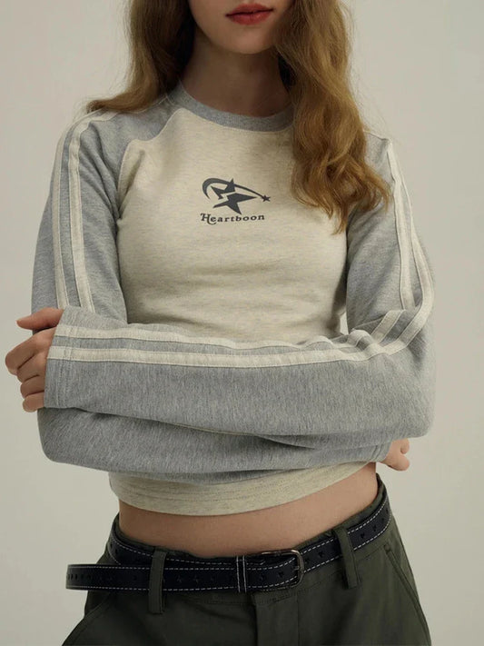 qgtao Y2K T Shirts Women Autumn Long Sleeve Top Female American Retro Star Print Crop Tee Lady Harajuku Stripe Patchwork Slim T Shirt