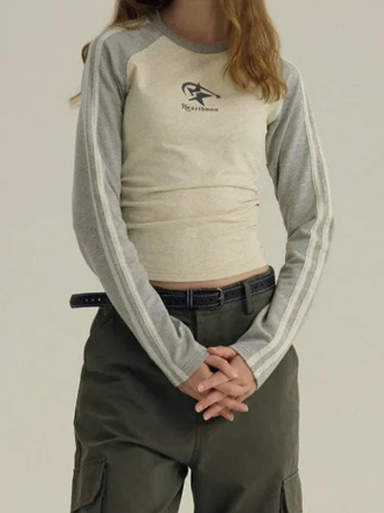 qgtao Y2K T Shirts Women Autumn Long Sleeve Top Female American Retro Star Print Crop Tee Lady Harajuku Stripe Patchwork Slim T Shirt