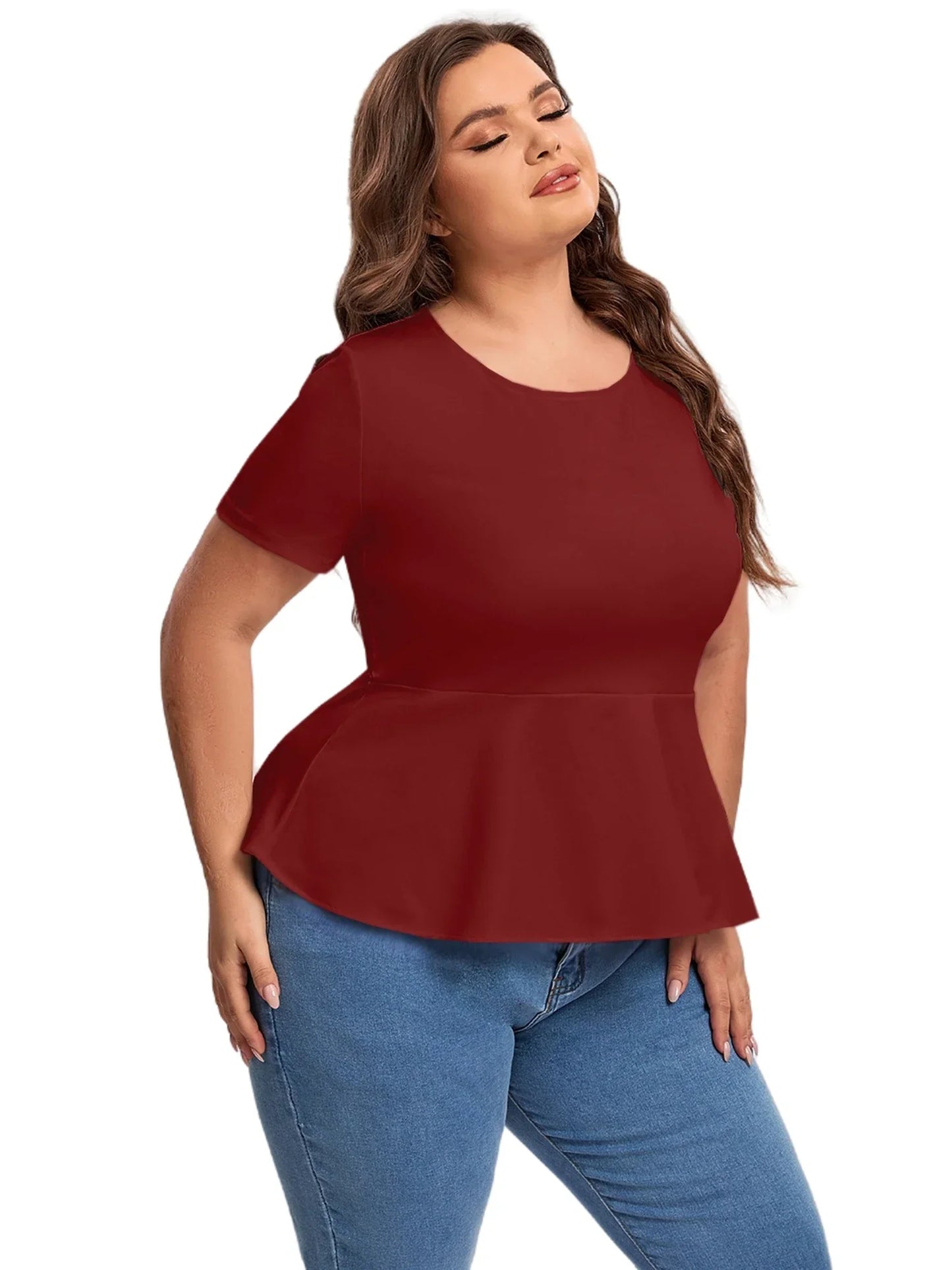 qgtao Plus Size Short Sleeve Elegant Summer Peplum Tops Women Keyhole Back Ruffle T-shirt Tee Blouse Plus Size Clothing Women 7XL 8XL