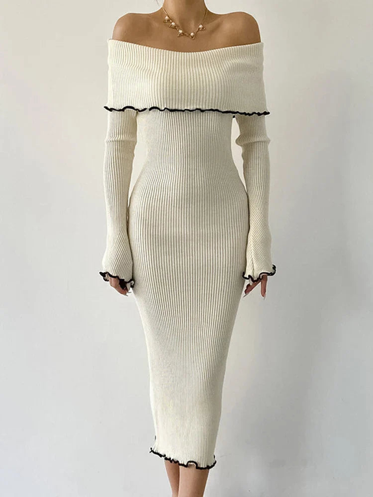 Long Dress Women Elegant Sexy Slim Slash Neck Dress Autumn Fashion Bodycon Midi Dress Lady Casual Contrast Color Party Dress