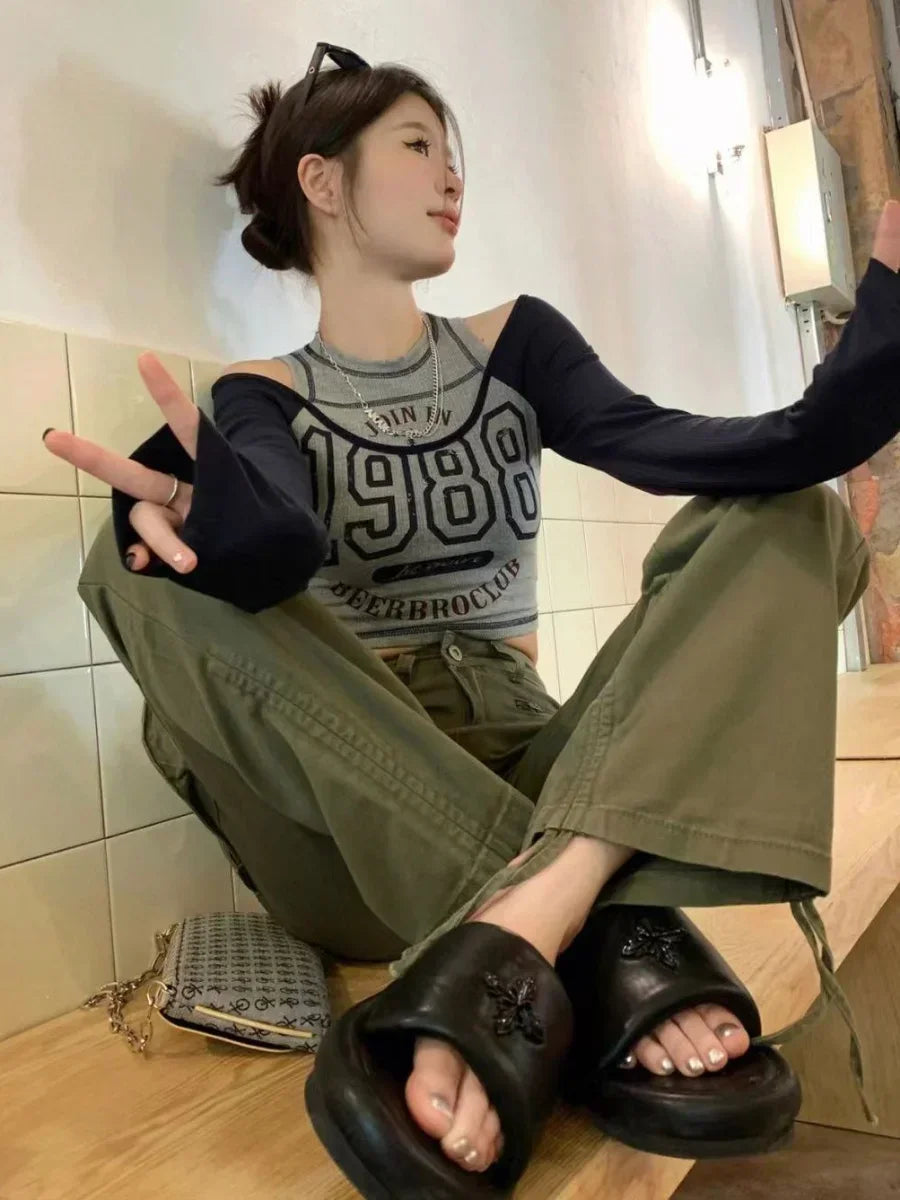 qgtao Y2k Streetwear Vintage Korean Crop Top Women Sexy American Retro Letter Printed T Shirts Off Shoulder Aesthetic Clothes