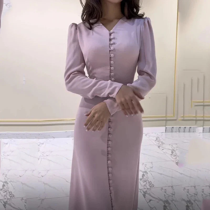 qgtao 2024 Classic V-Neck Prom Dresses Mermaid Plus size Formal Dresses Long Sleeve Evening Dress Button Party Dress