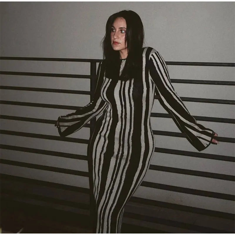 qgtao Fashion Bodycon Knitted Elegant Dress Casual Autumn Chic Office Women Maxi Dresses Ripple Striped Vintage Spice Sexy Party Robe