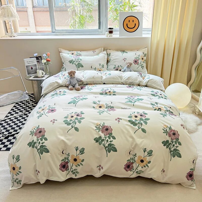 Yeknu - Floral Printed Duvet Cover Set with Sheet Pillowcases Warm Cute Cartoon Bed Linen Full Queen Size Home Gift Bedding Set