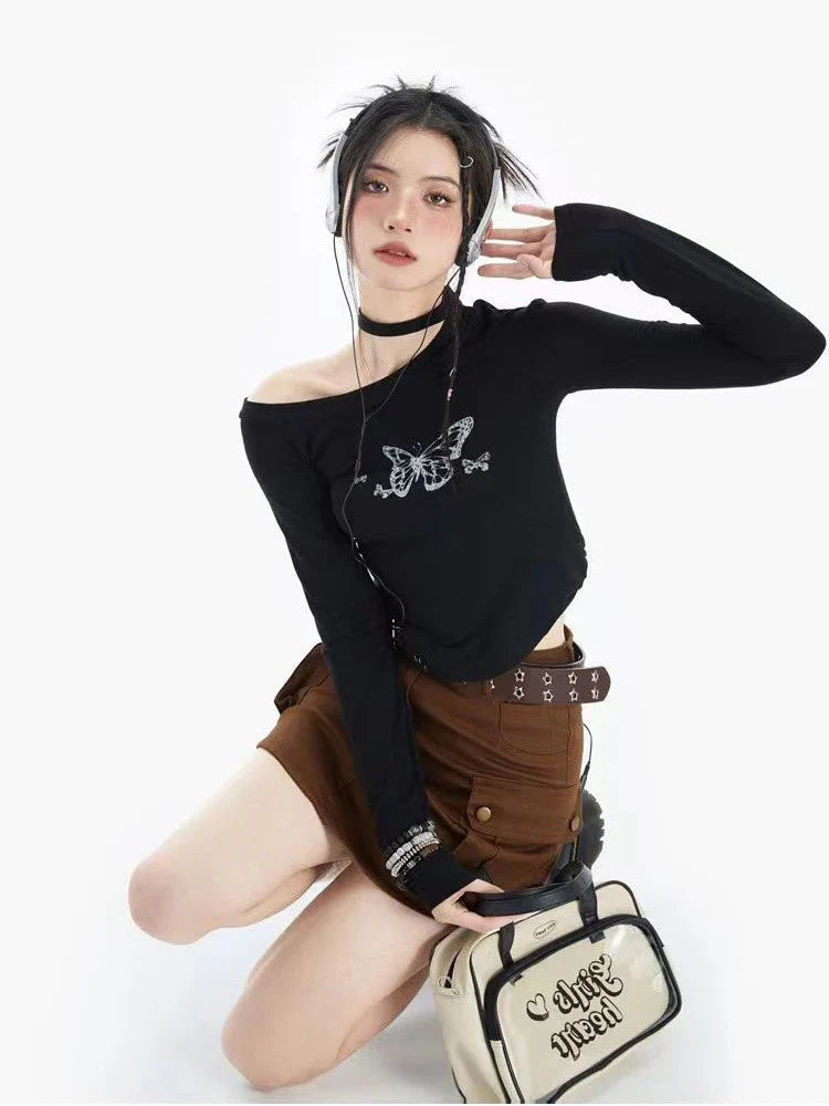 Butterfly T-shirt Women Graphic Top Girl Sexy Off Shoulder Long Sleeve Top Female Harajuku Slim Fashion Slim Gothic Tees Summer