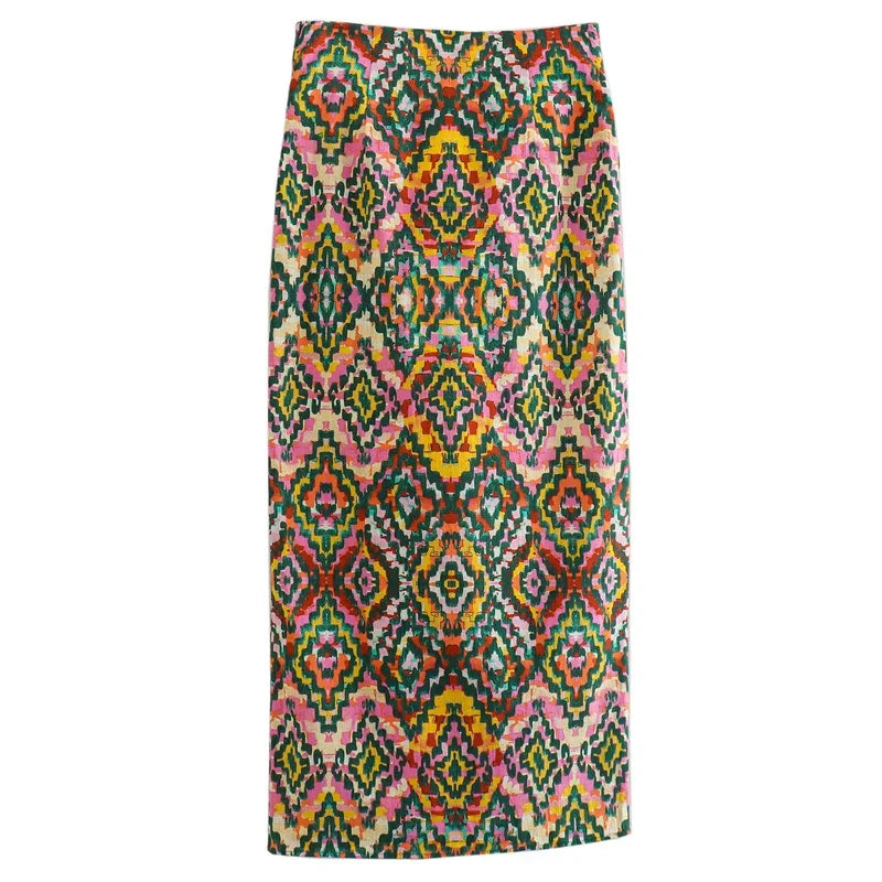TRAF Print High Waist Midi Skirt for Women Summer 2023 Knot Beading Sexy Slit Female Long Skirt Floral Vintage Beach Slit Skirt