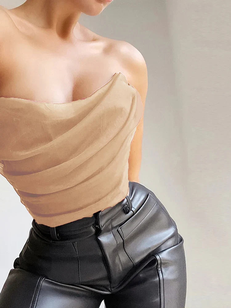 Colysmo Mesh Crop Top Women Summer Tops Sexy Party Club Wear Off Shoulder Corset Top Solid Color Casual Streetwear Tube Top
