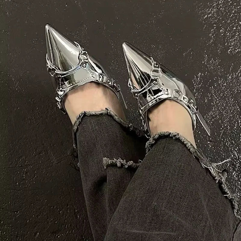 qgtao Y2K Silver High Heels Sandals Women Summer 2024 Punk Goth Pointed Toe Party Shoes Woman Metallic Thin Heeled Dress Pumps Ladies