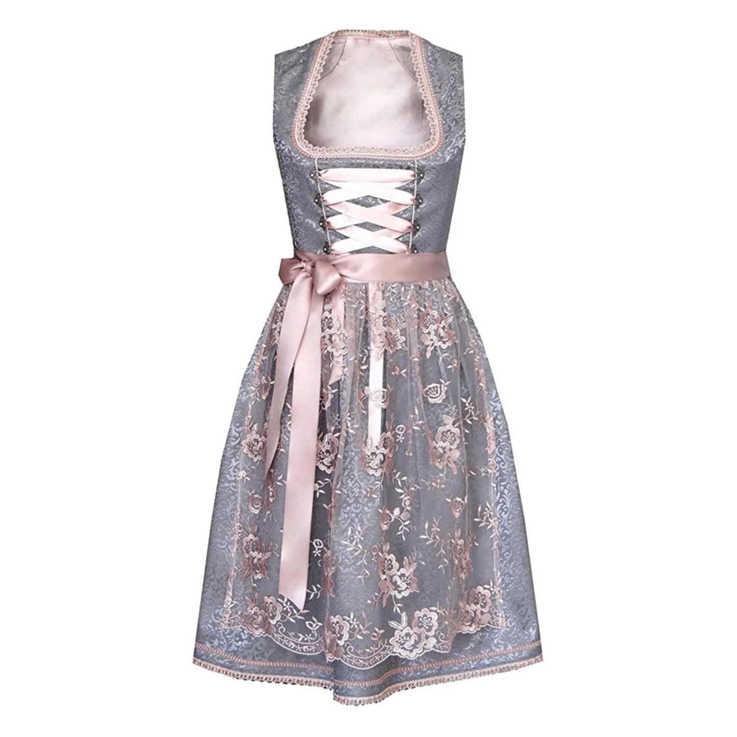 qgtao - Women Oktoberfest Dress With Floral Sheer Apron Lace-Up Dirndl Dresses Festival Traditional Bavarian Beer Costumes Clothes