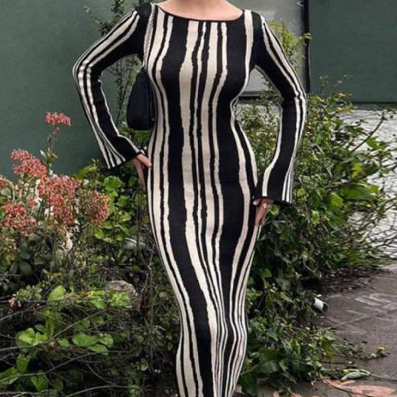 qgtao Fashion Bodycon Knitted Elegant Dress Casual Autumn Chic Office Women Maxi Dresses Ripple Striped Vintage Spice Sexy Party Robe