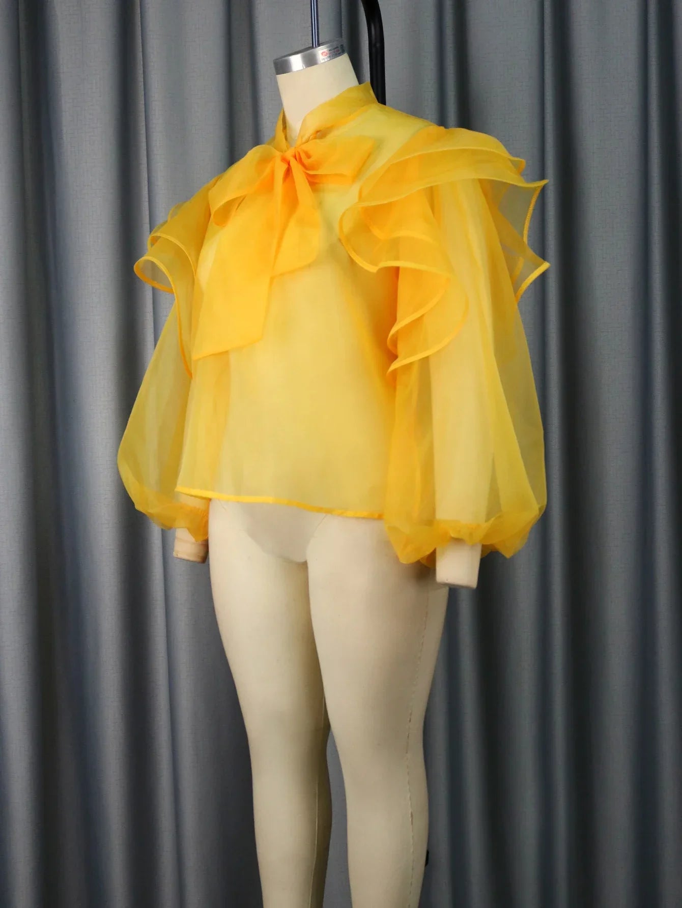qgtao Women's Tulle Tops and Blouses Yellow See Through Bowtie Ruffles Trim Top Shirt Elegant Lady Fashion Party Club Wear Plus Size