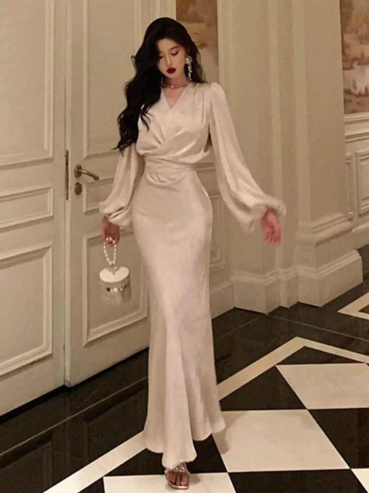 qgtao Elegant Satin Midi Dresses for Women Lantern Sleeve V-neck Lace-up Bodycon Mermaid Evening Party Dress Prom Robe Autumn Vestidos