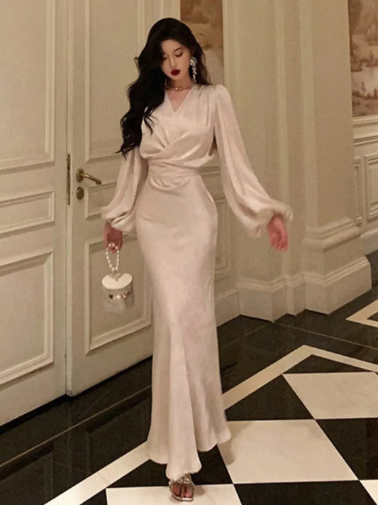 qgtao Elegant Satin Midi Dresses for Women Lantern Sleeve V-neck Lace-up Bodycon Mermaid Evening Party Dress Prom Robe Autumn Vestidos