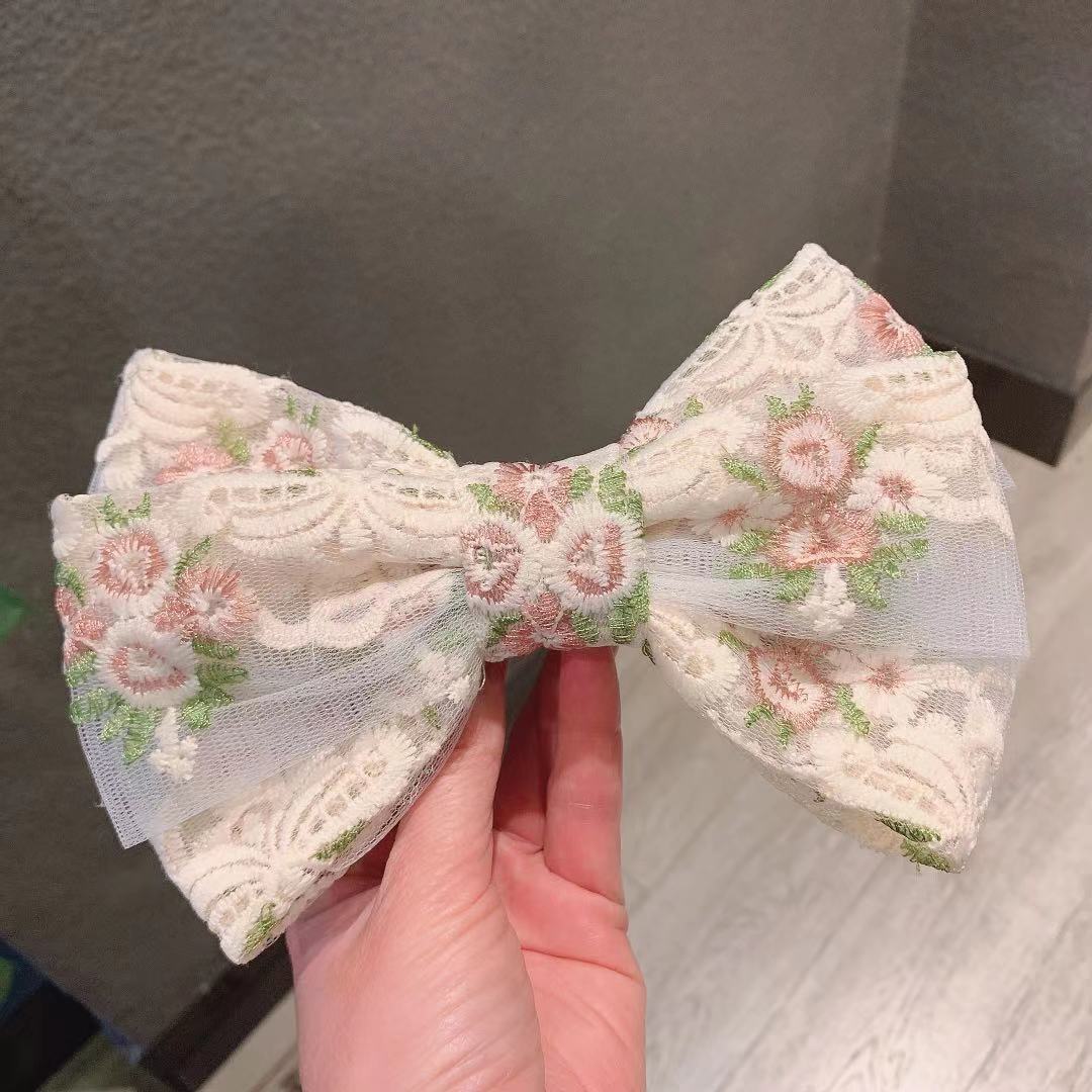 Korean Ribbon Bow Spring Barrette Hair Clips Embroidery Flower Hairpins Fabric Hair Bows Hoop Daily Casual Hair Accessories Gift
