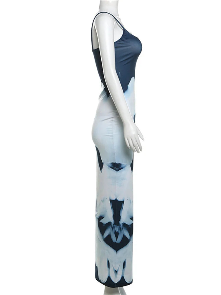 qgtao Tight Fit Women Dress Sling Floral Print Backless High Waist Elegant Maxi Robe Summer Vacation Streetwear Party Robe